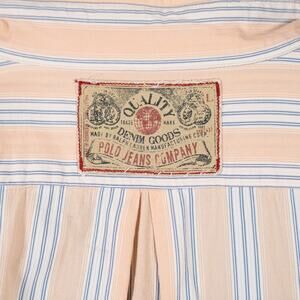 Vintage Polo Jeans Co Ralph Lauren 90s Y2K Peach Blue Stripe Shirt Men's LARGE